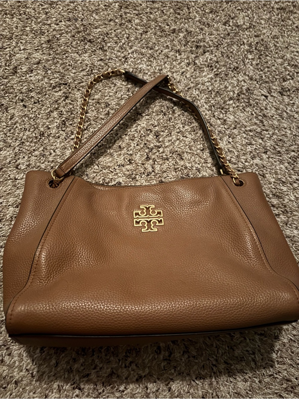 Tory Burch Tan Pebbled Leather Shoulder Bag with Gold Logo